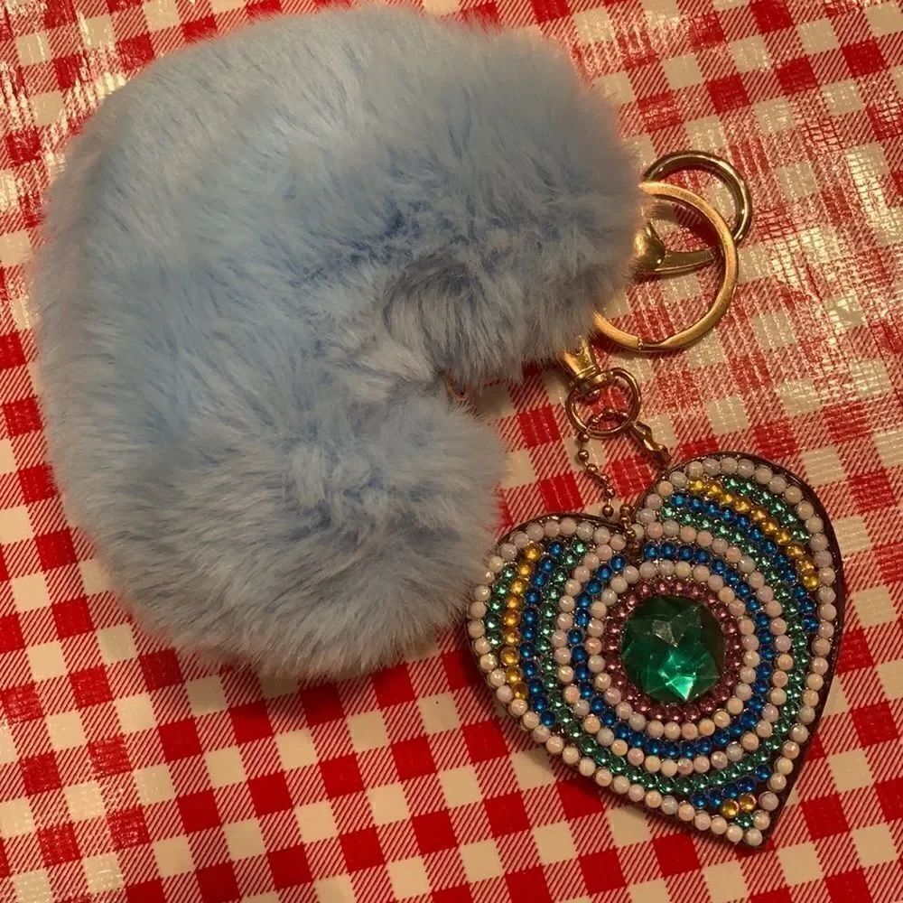 Diamond Art Keychain/Purse Charm Heart with Puff Ball